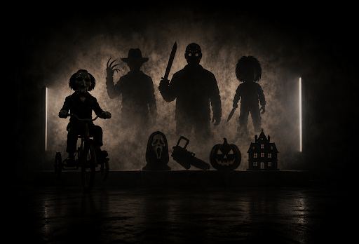 Horror character silhouettes in a misty atmosphere